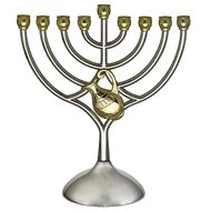 Chanukah Menorah / Chanoekia, schattig kandelaartje van zilverkleurig metaal met goudkleurige accenten 