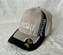 Israel Petje / Baseball Cap Zwart en Beige met Jerusalem in wit borduursel en Menorah in goudkleur geborduurd